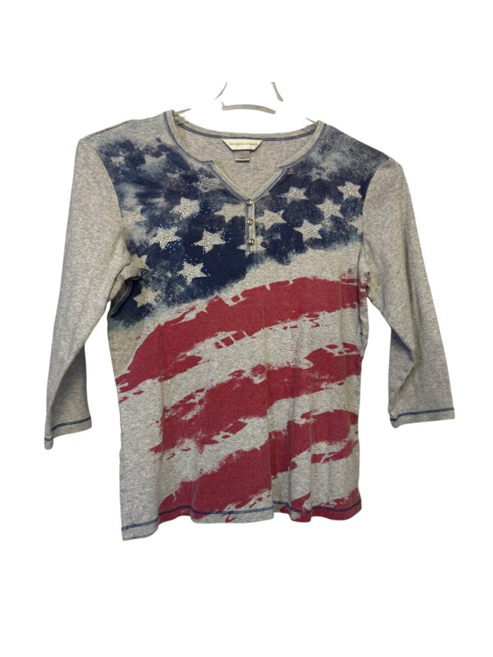 Christopher & Banks 3/4 Sleeve Henley American Flag Gray Cotton Top Size M